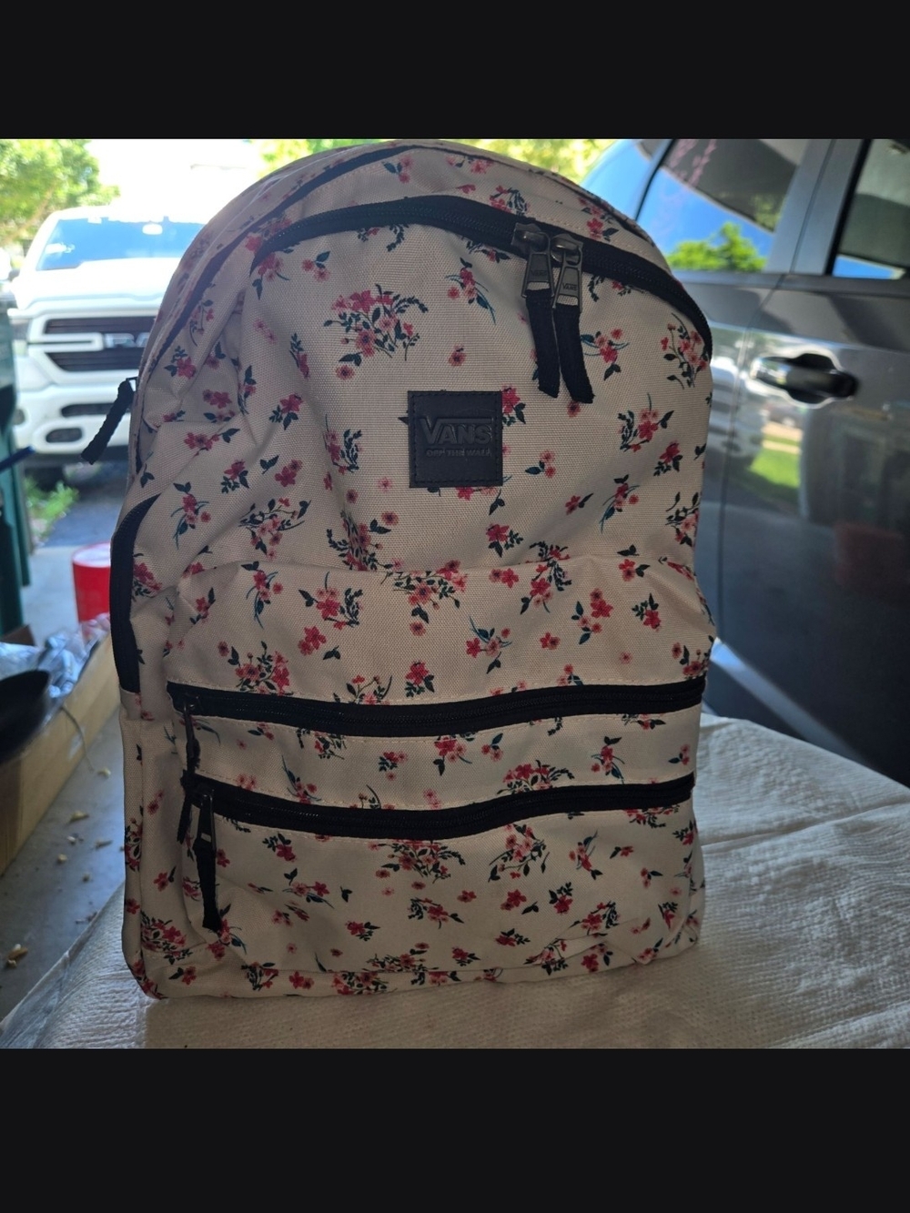 Vans Cream Backpack with Pink and Red Floral Print NWT